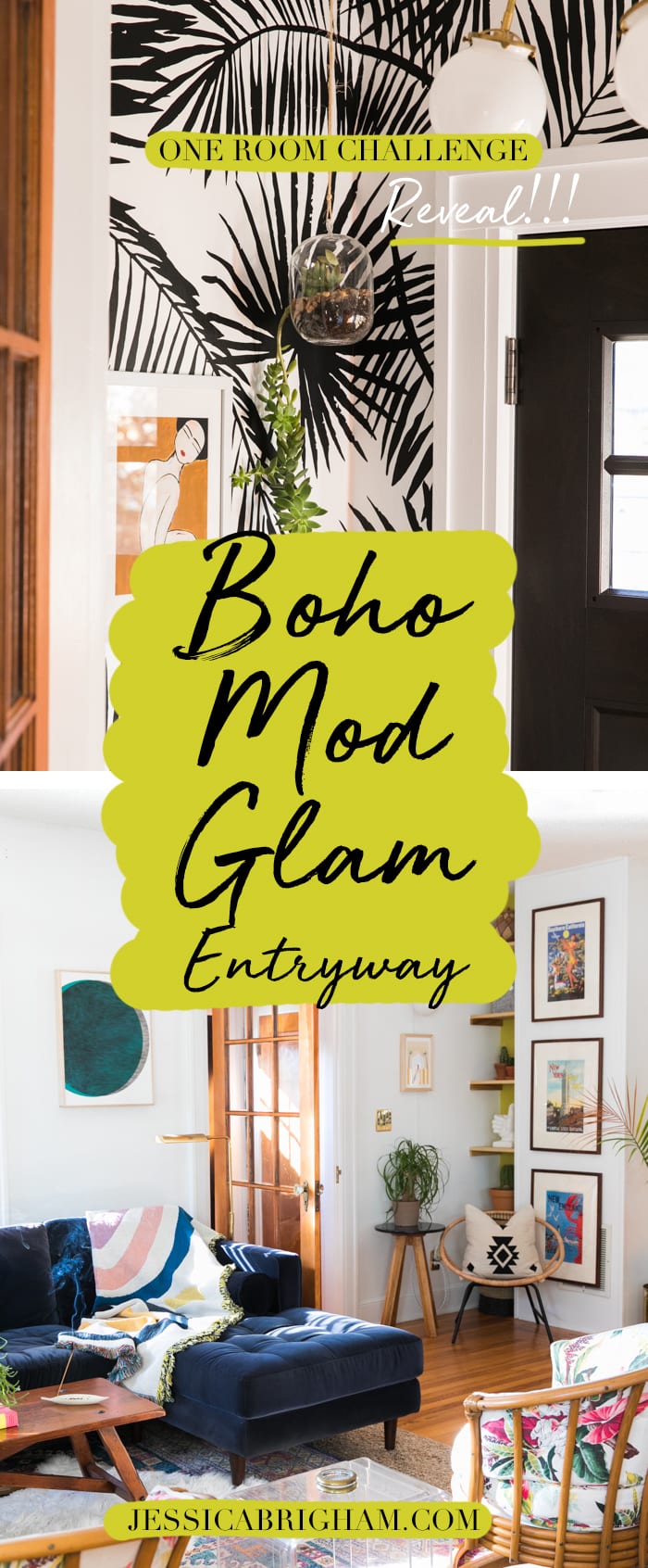 Boho Mod Glam Entryway | One Room Challenge | THE REVEAL | Jessica Brigham | Magazine Ready for Life | Coloray Wallpaper | Pepe & Carols | Well Woven Rugs | Depeapa | Heather Felder Art